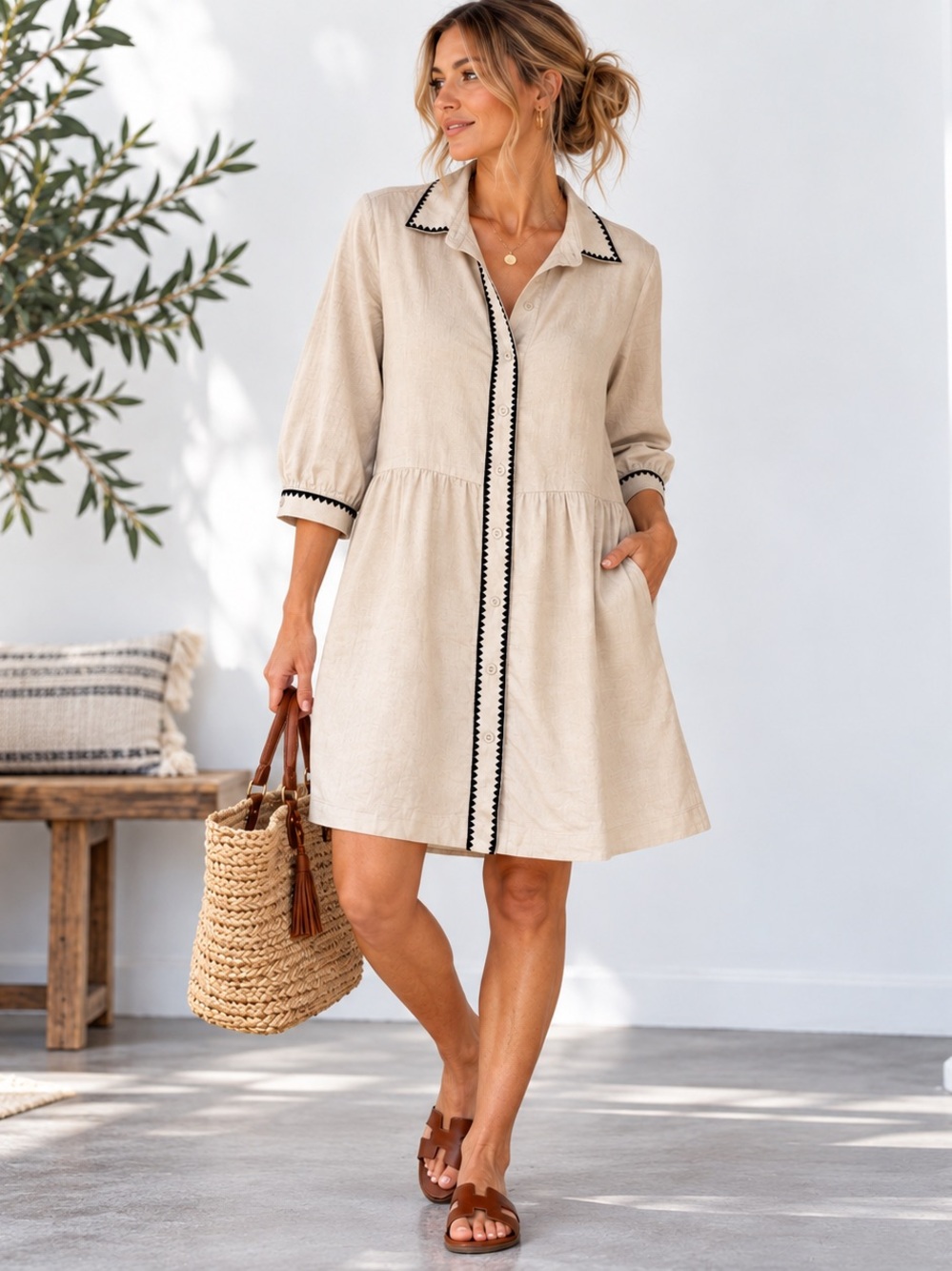 Part Two Alivia Linen Blend Contrast Trim Overst Shirt Dress